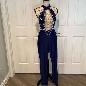 Jin pin Elegant  Sexy Jumpsuit, Size Small, Color Blue, Faux Pearls,